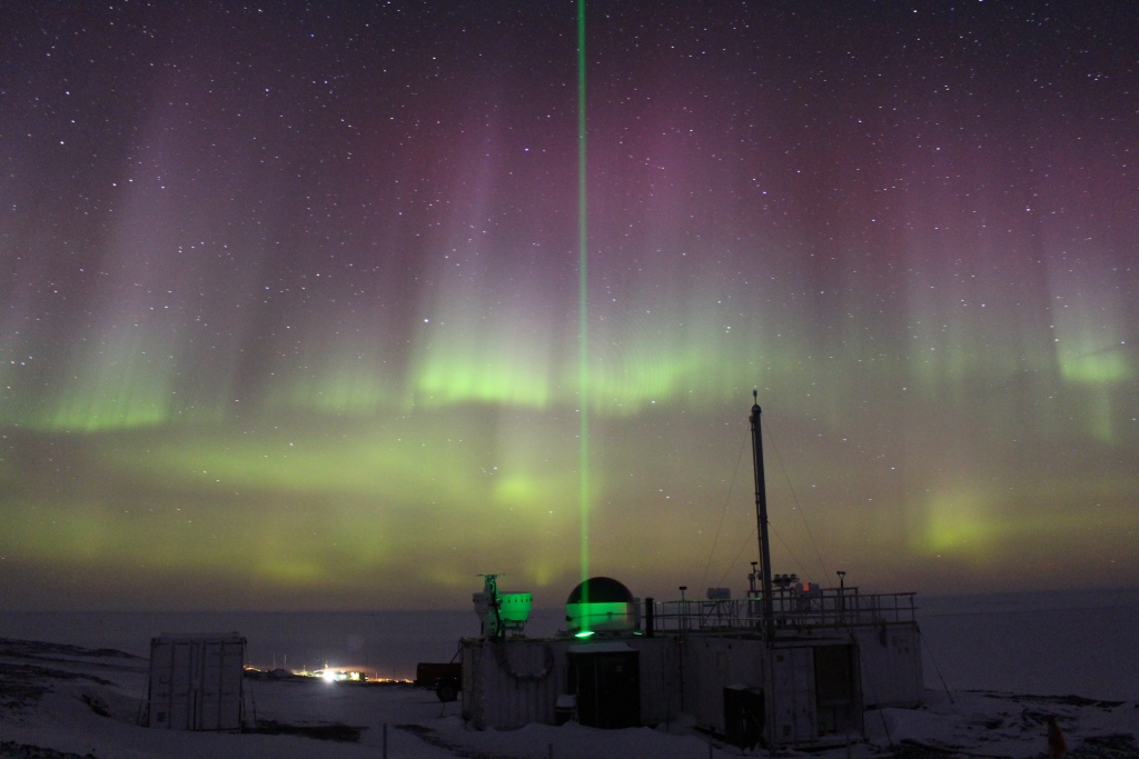 Photo of Aurora at the CosRay site overlooking McMurdo Sound HSRL), which gives us information about cloud and aerosol layer microphysics - 03 August 2016