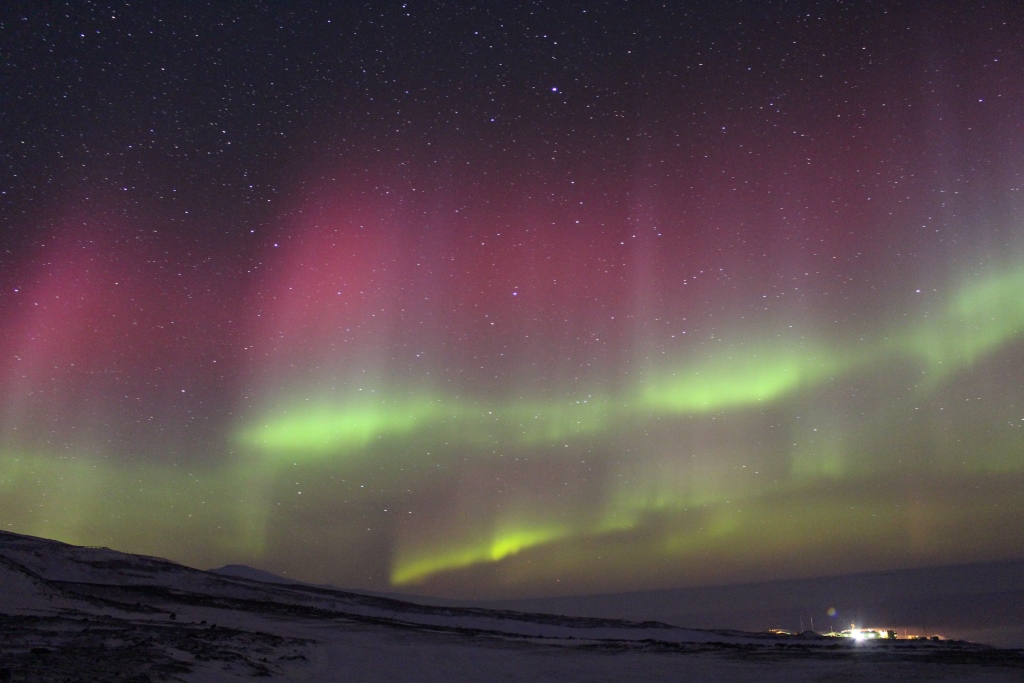 Photo of Aurora at the CosRay site overlooking McMurdo Sound - 03 August 2016